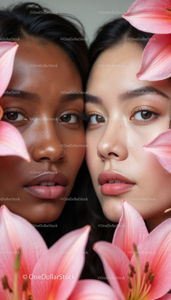 Two Women with Pink Lilies in a Serene Floral Setting