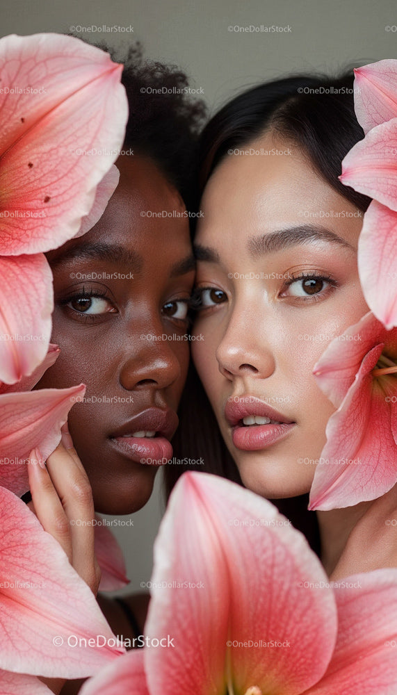 Multicultural Beauty Framed by Soft Pink Lilies
