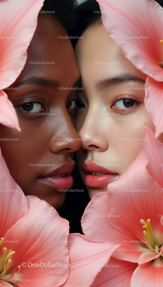 Close-Up Portrait with Pink Lilies and Diverse Beauty