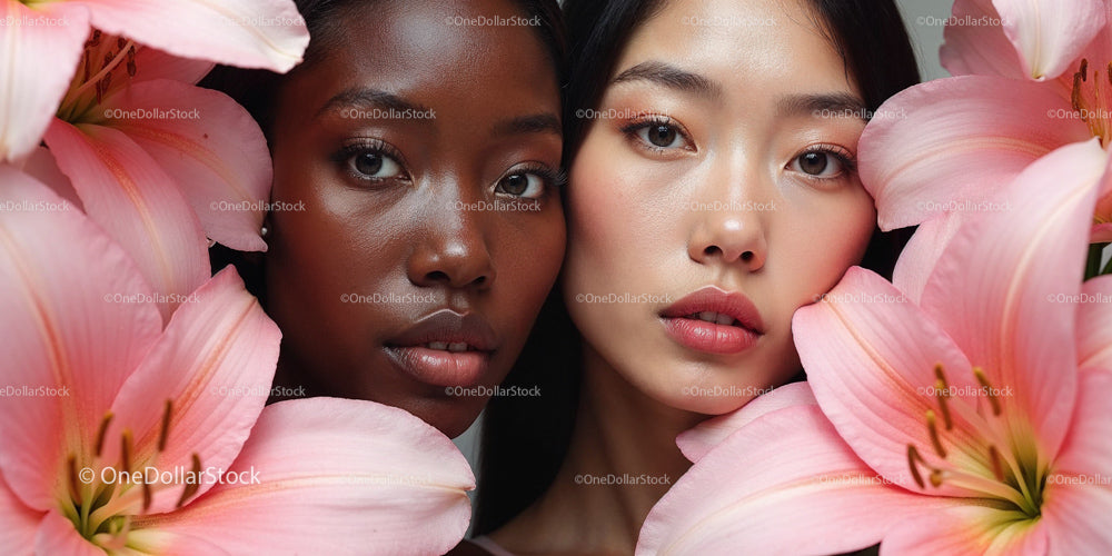 Multicultural Beauty Surrounded by Pink Lilies