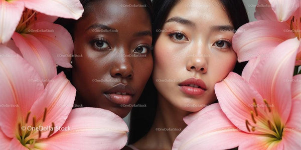 Multicultural Beauty Surrounded by Pink Lilies