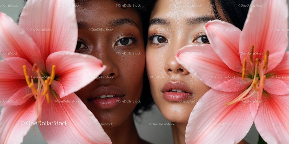 Diverse Beauty with Pink Lilies Close-Up