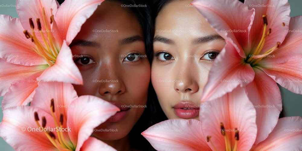 Two Women with Pink Lilies in Elegant Floral Portrait