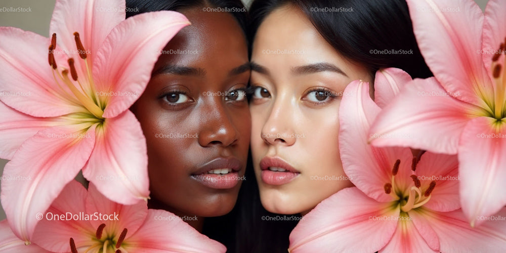 Two Women Surrounded by Pink Lilies in Harmony