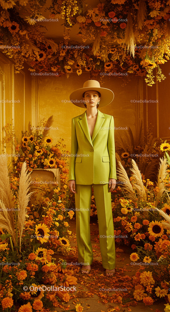 Elegant Woman in Lime Green Suit Amid Sunflower Garden