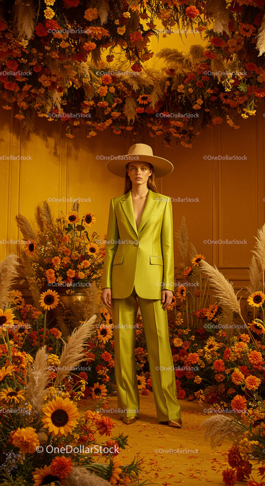 Woman in Elegant Lime Suit Surrounded by Vibrant Flowers