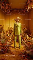 Stylish Woman in a Sunflower-Inspired Floral Room