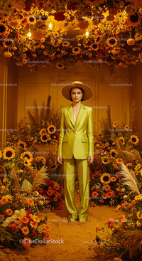 Elegant Woman in a Sunflower Garden with Floral Decor