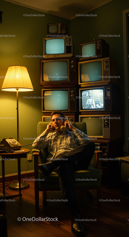 Man Relaxing in Retro Room with Vintage Televisions