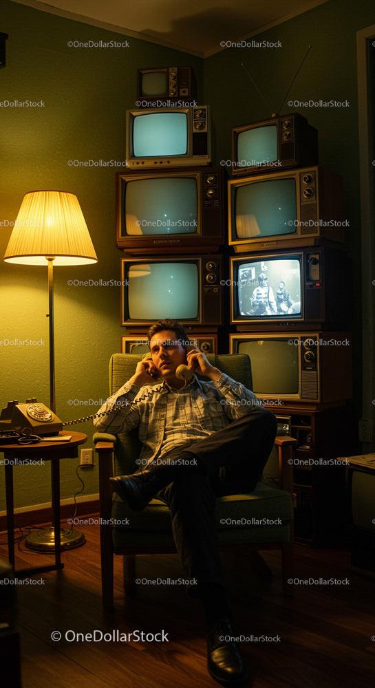 Man Relaxing in Retro Room with Vintage Televisions