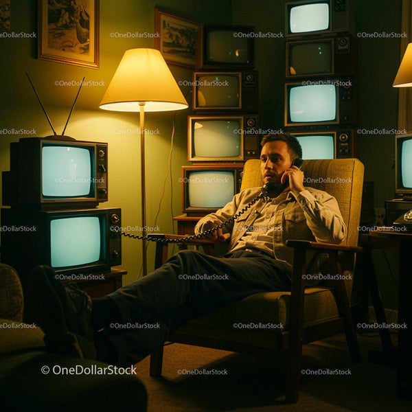 Man in Retro Room with Vintage Televisions and Phone