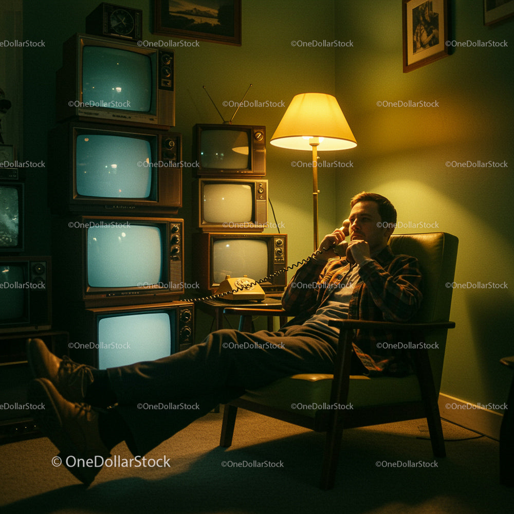 Man Relaxing with Retro TVs and Vintage Decor