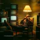 Retro Style Man Relaxing in Vintage Television Room