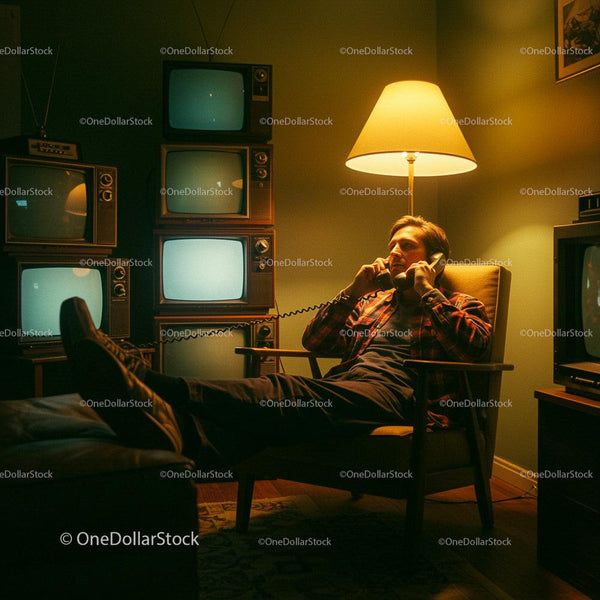 Mężczyzna w stylu retro relaksujący się w pokoju z vintage telewizorami