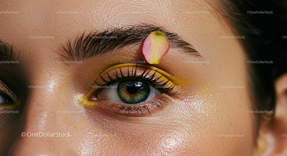 Close-Up of Eye with Yellow Eyeshadow and Petal Decoration