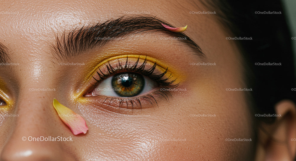 Close-Up of Eye with Yellow Eyeshadow and Pink Petals