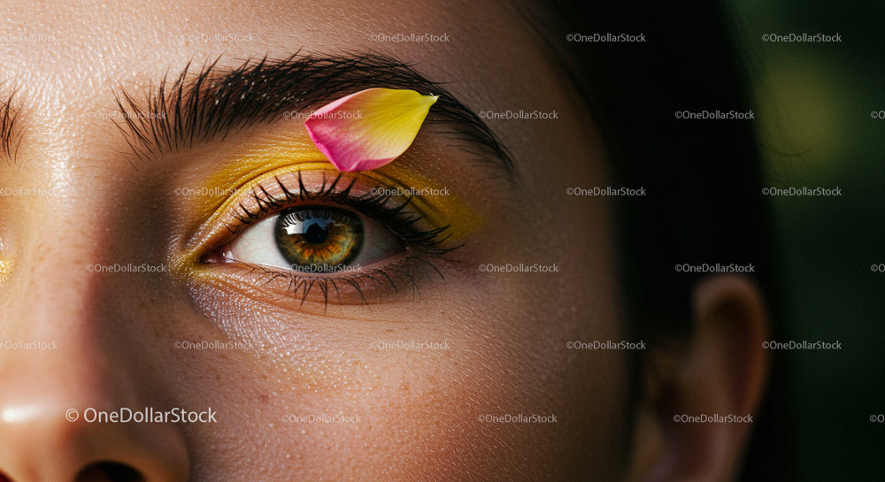 Close-up of Eye with Yellow Eyeshadow and Pink Petal