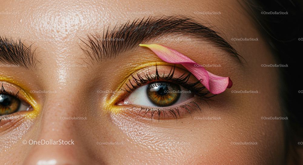 Close-Up of Eye with Yellow Makeup and Pink Petal Art