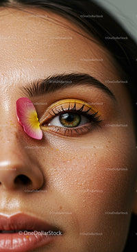 Close-Up of Eye with Yellow Eyeshadow and Pink Flower Detail