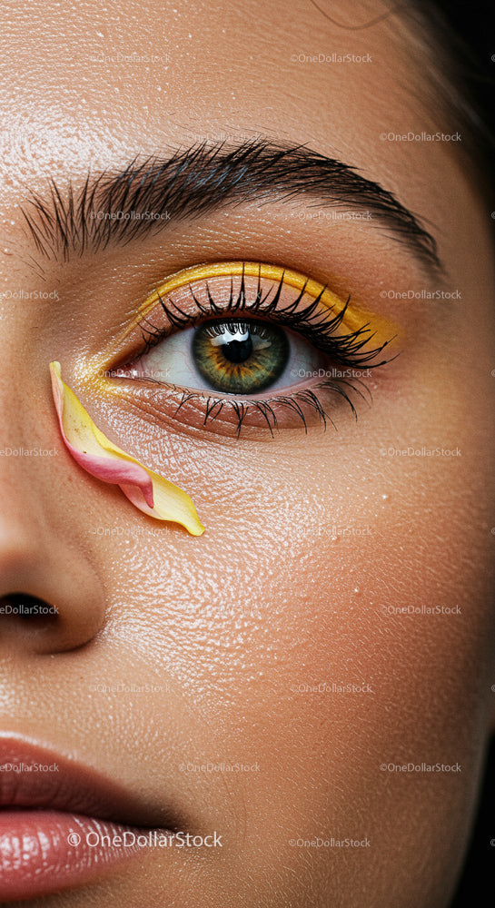Close-Up of Eye with Yellow Eyeshadow and Petal Detail