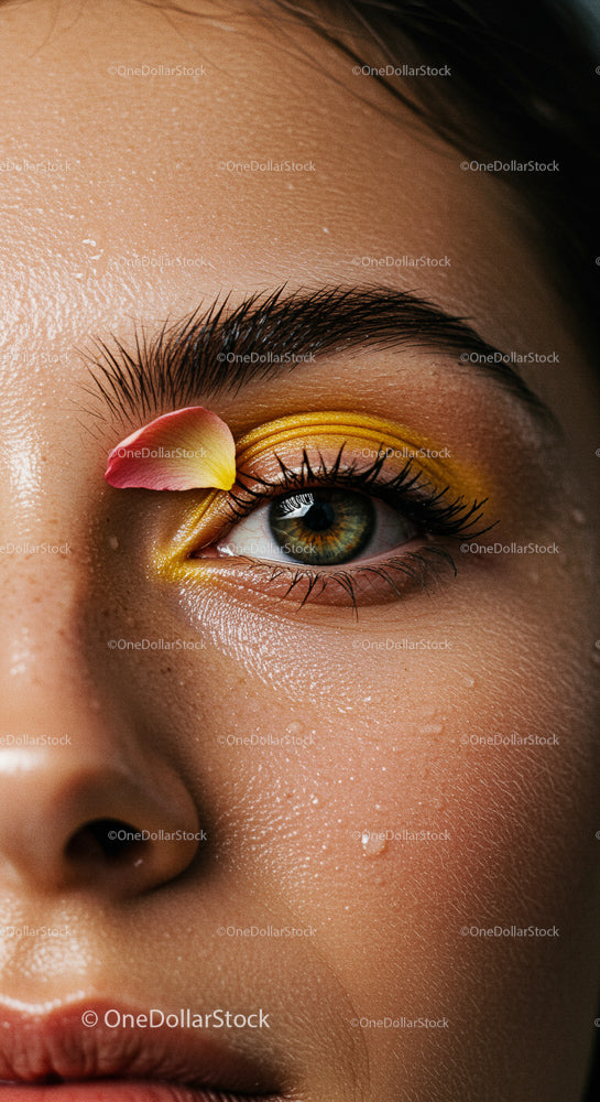 Close-Up Portrait with Yellow Eyeshadow and Petal Accent