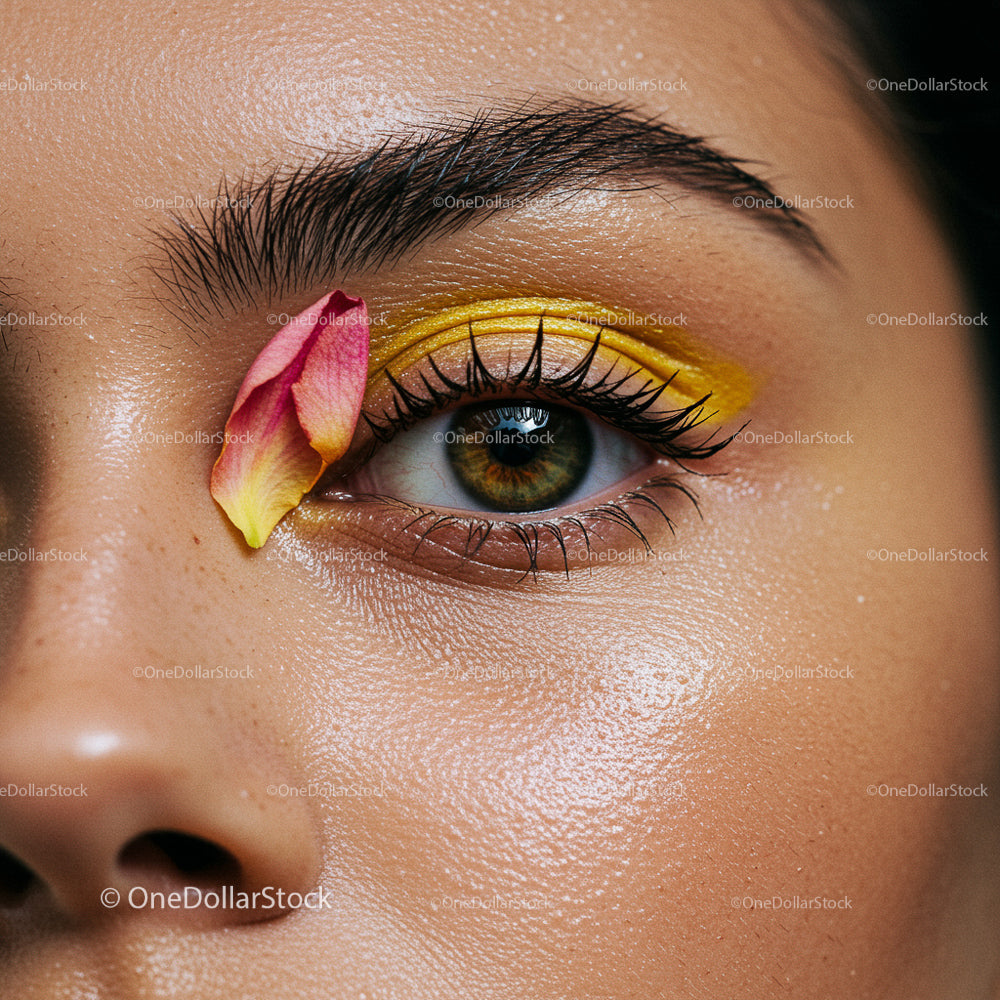Close-Up of Eye with Yellow Eyeshadow and Petal Accent