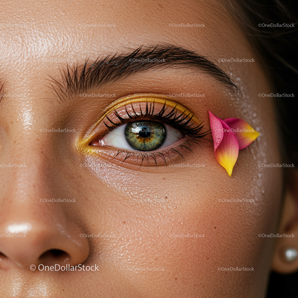 Close-Up of Eye with Yellow Eyeshadow and Pink Flower