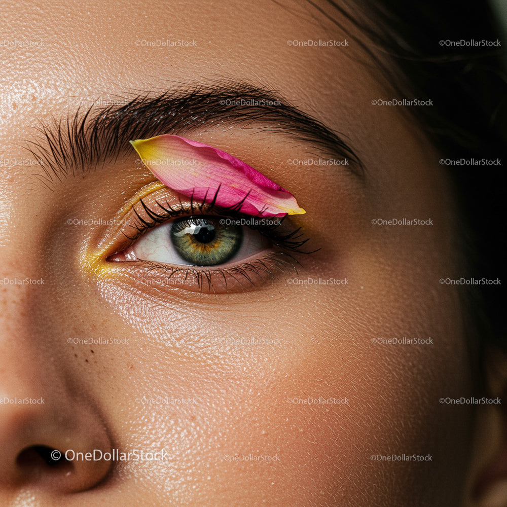 Close-Up of Eye with Vibrant Flower Petal Makeup