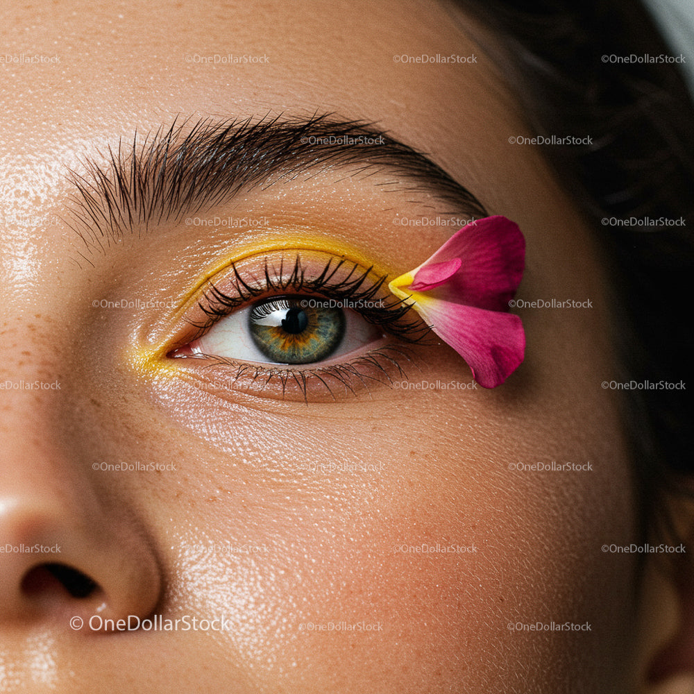 Close-Up of Eye with Yellow Eyeshadow and Pink Flower Petal