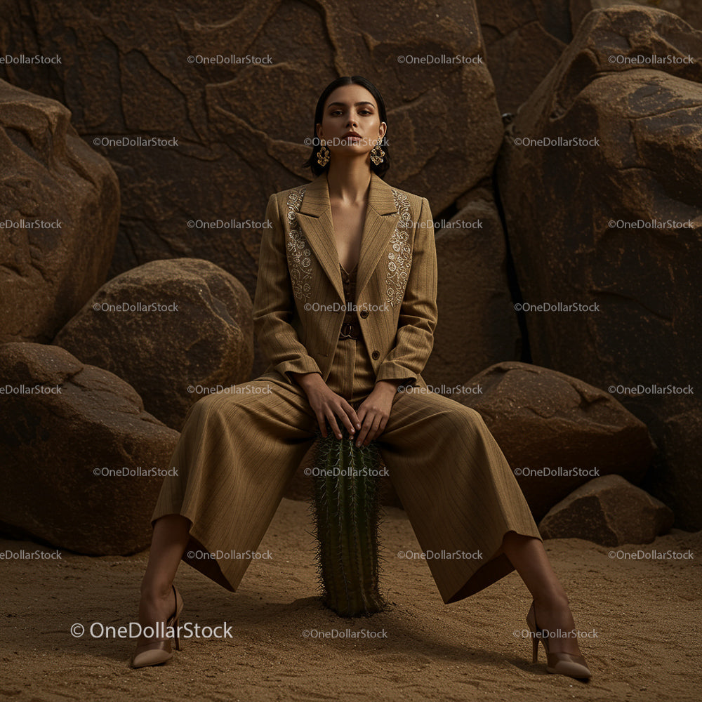 Elegant Woman in Beige Suit with Cactus in Rocky Desert