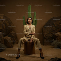 Elegant Woman in Beige Suit Posing By Cactus in Desert