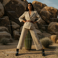 Confident Woman in Stylish Beige Suit in Desert Scene