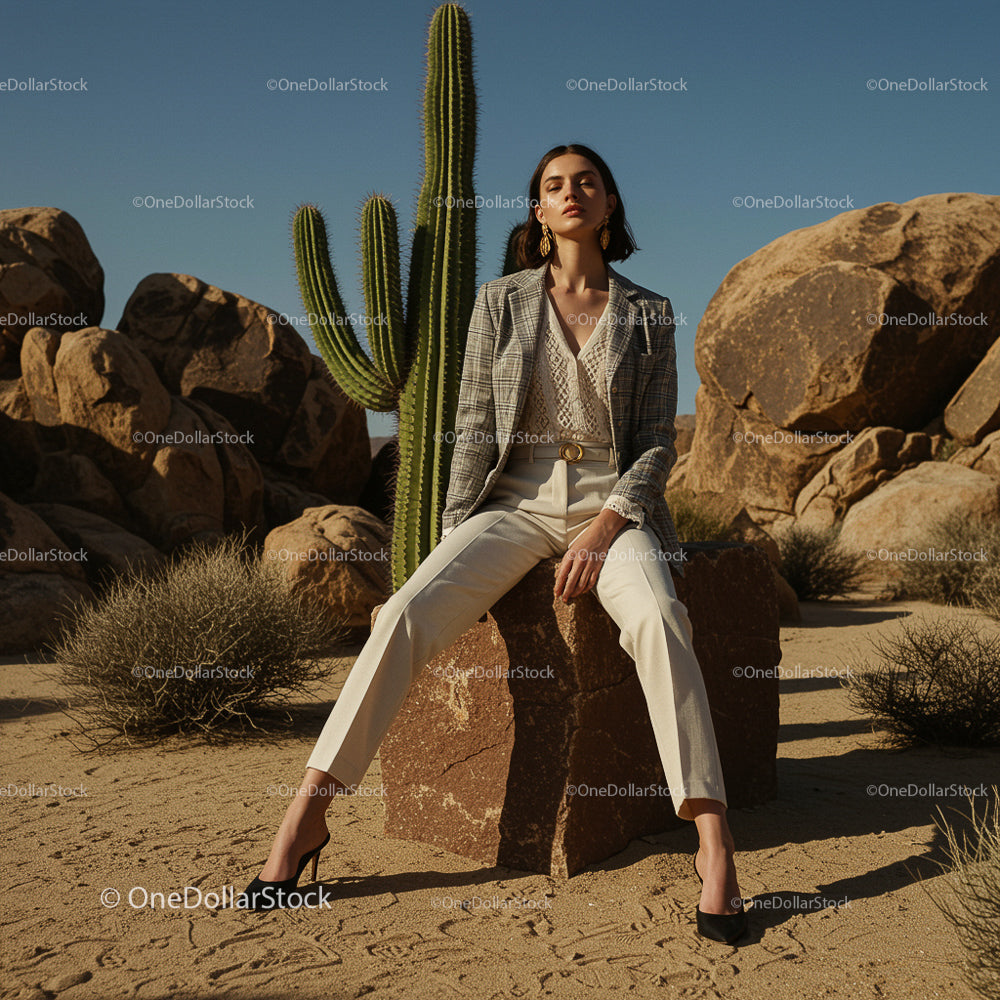 Elegant Woman in Desert Setting with Cactus