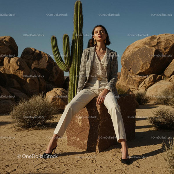 Elegant Woman in Desert Setting with Cactus