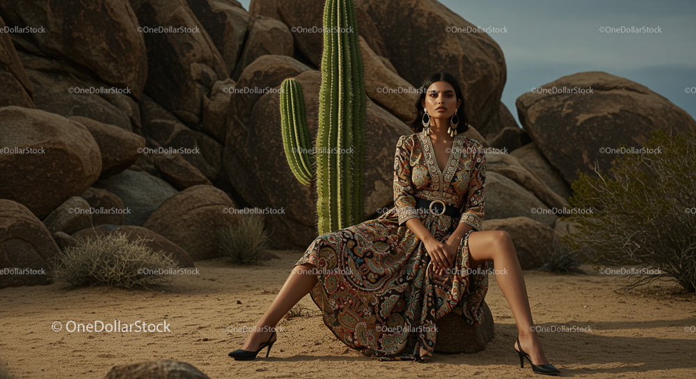 Elegant Woman in Paisley Dress Amidst Desert Rocks