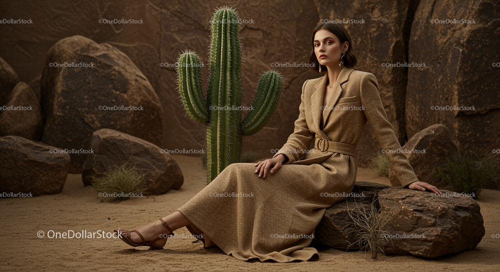 Stylish Woman in Earth-Toned Dress with Cactus in Desert