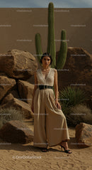 Elegant Woman in Beige Outfit with Cactus Background