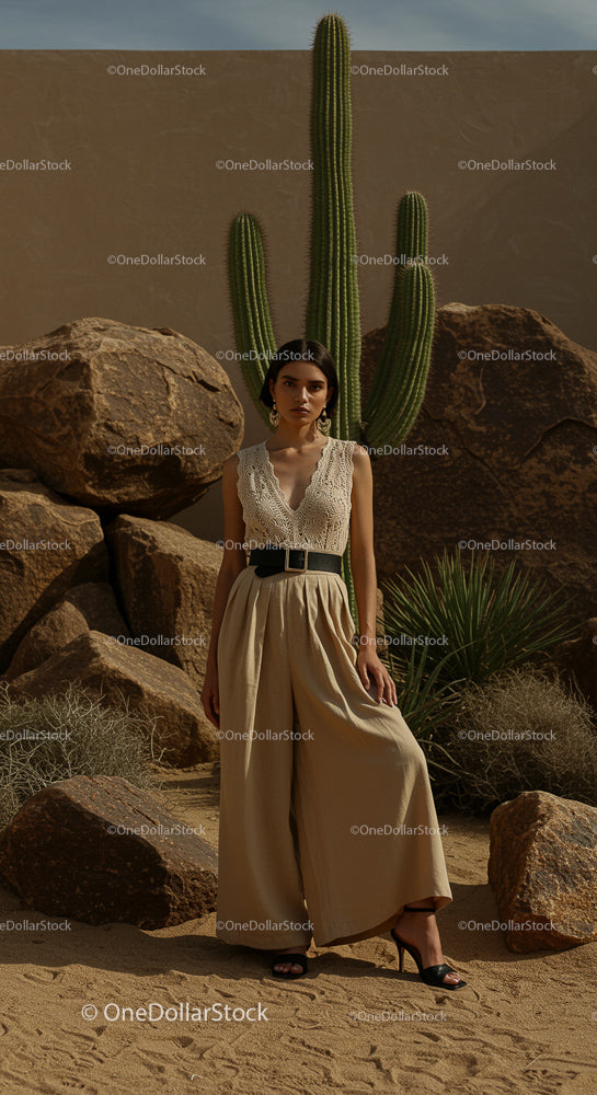 Elegant Woman in Beige Outfit with Cactus Background