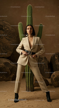 Elegant Woman Posing in Beige Suit Amidst Desert Cacti