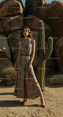 Elegant Fashion Model in Bohemian Dress by Desert Cactus