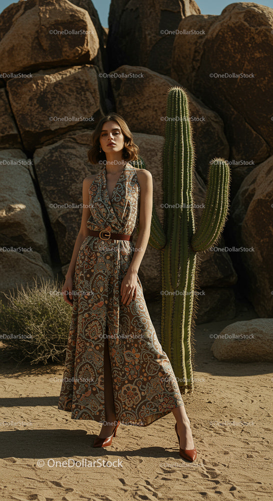 Elegant Fashion Model in Bohemian Dress by Desert Cactus