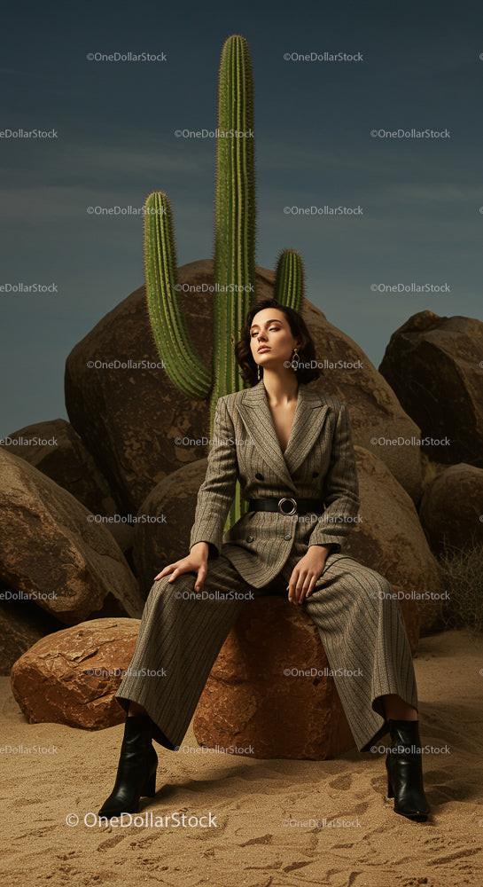 Fashionable Woman Posing Elegantly in Desert Landscape