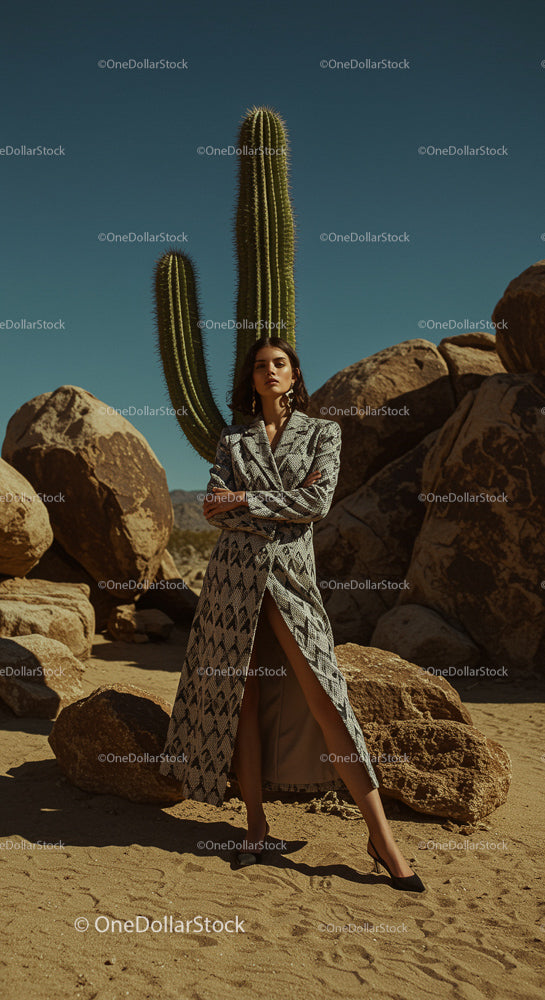 Elegant Woman in Fashionable Coat in Desert Landscape