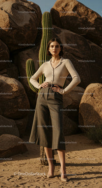 Elegant Woman in Desert Setting with Cactus