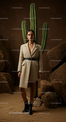 Fashionable Woman in Beige Coat with Cactus Backdrop