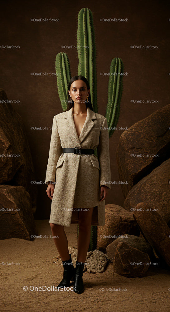 Fashionable Woman in Beige Coat with Cactus Backdrop