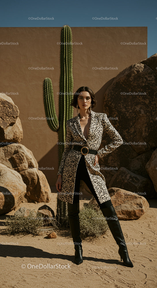 Fashionable Woman in Leopard Print Coat in Desert