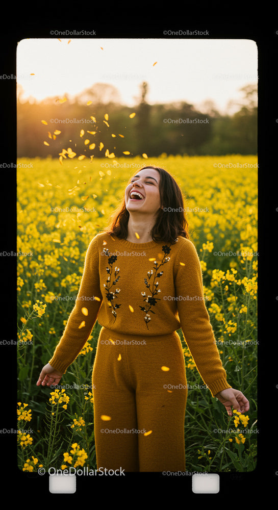 Woman Laughing in Blooming Yellow Flower Field at Sunset