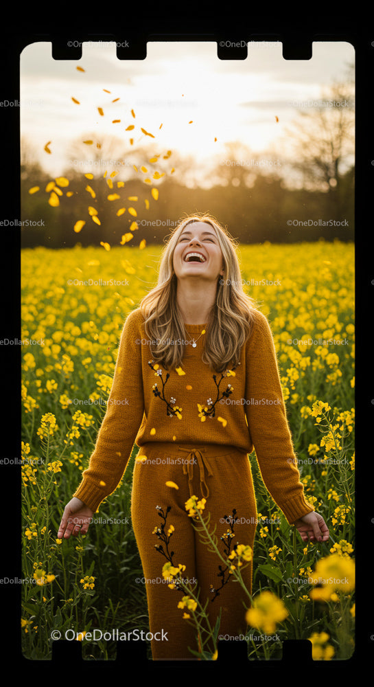Joyful Woman in Mustard Field During Golden Hour