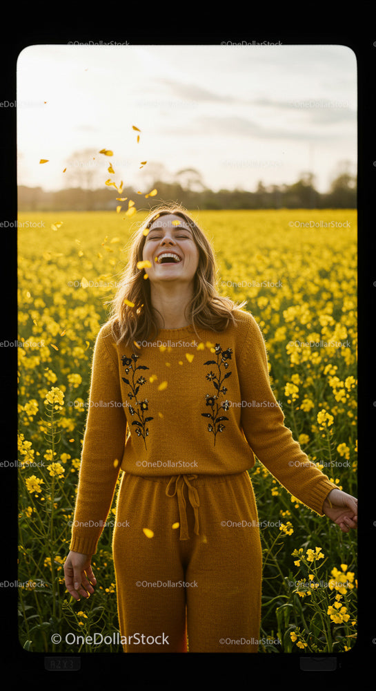 Joyful Woman in a Yellow Flower Field Under the Sun